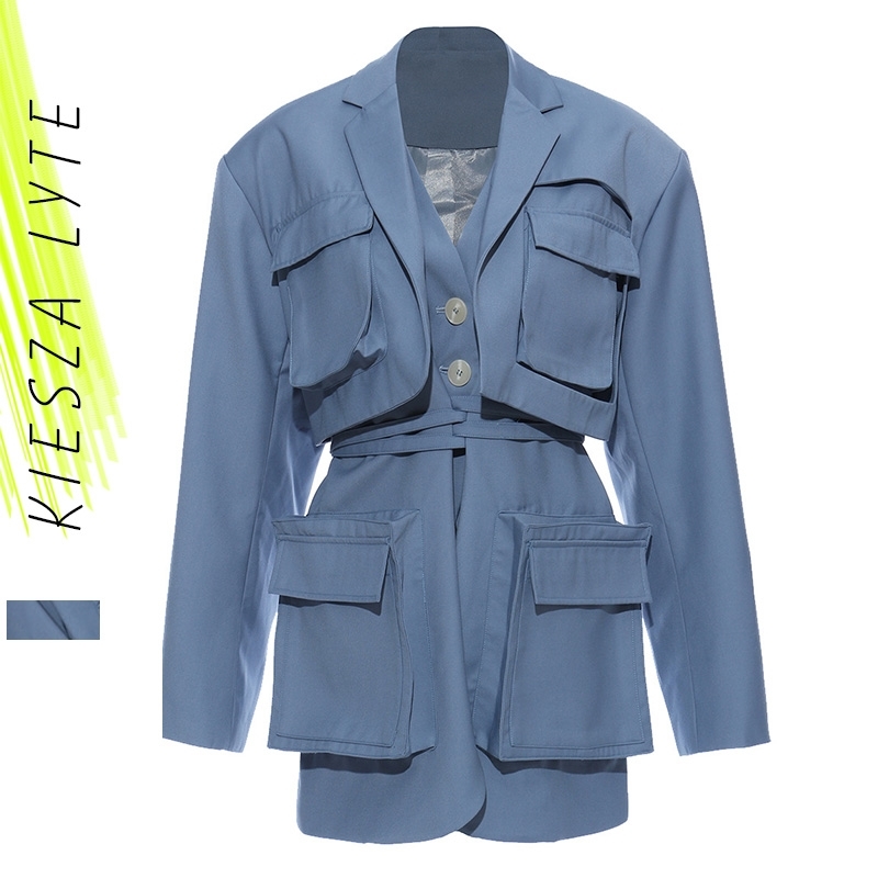 

Women Blue Pocket Split Joint Big Size Blazer Lapel Long Sleeve Loose Fit Jacket Fashion Spring Autumn Safari coats 210608