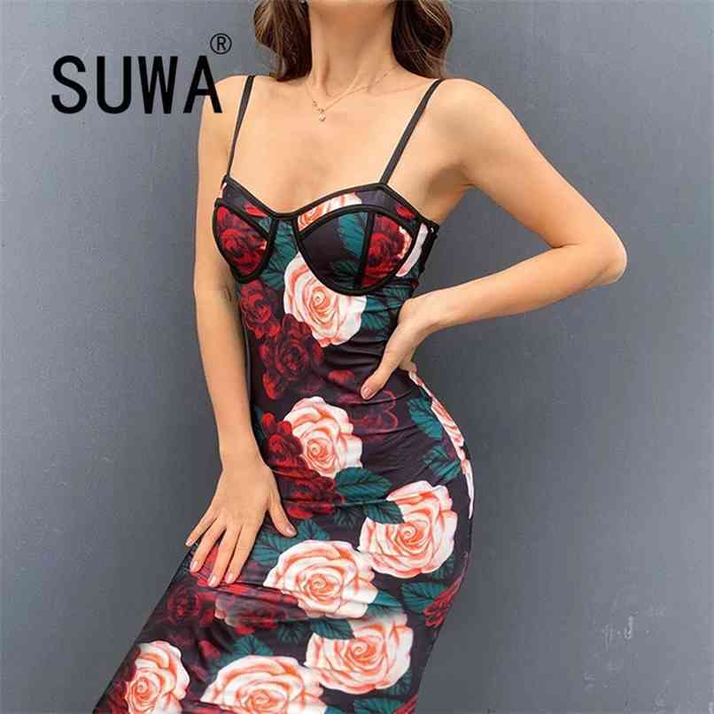 

Vintage Rose Flower Printed Sheath Midi Sexy Club And Party Woman Dresses Arrival Elegant Spaghetti Strap Dress 210525, Multi