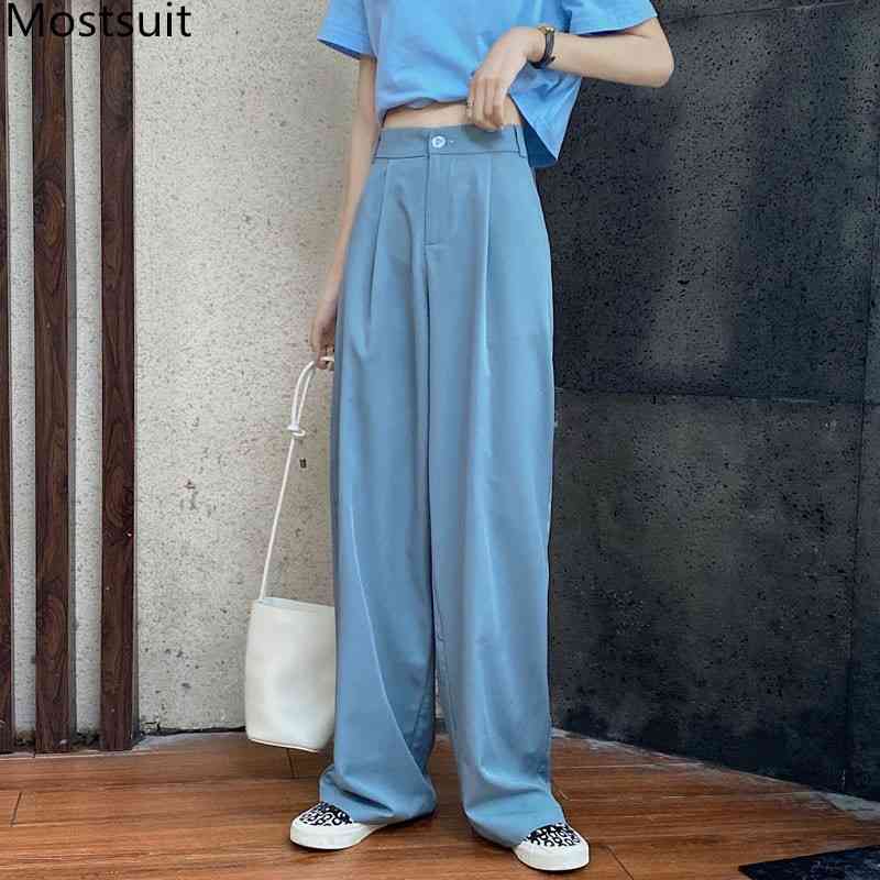 

Autumn Korean High Waist Wide Leg Suit Pants Trousers Women Button-fly Casual Fashion Straight Full-length 210518, Blue