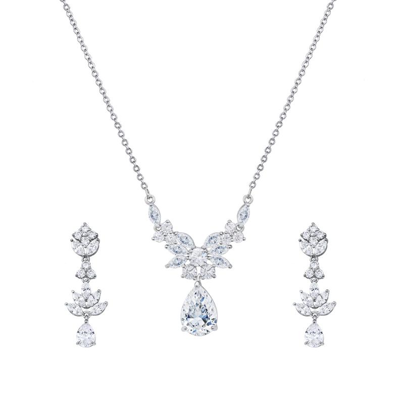 

Earrings & Necklace 1 Set Jewelry Crystal Teardrop Dangler Lotus Flower Choker, Silver
