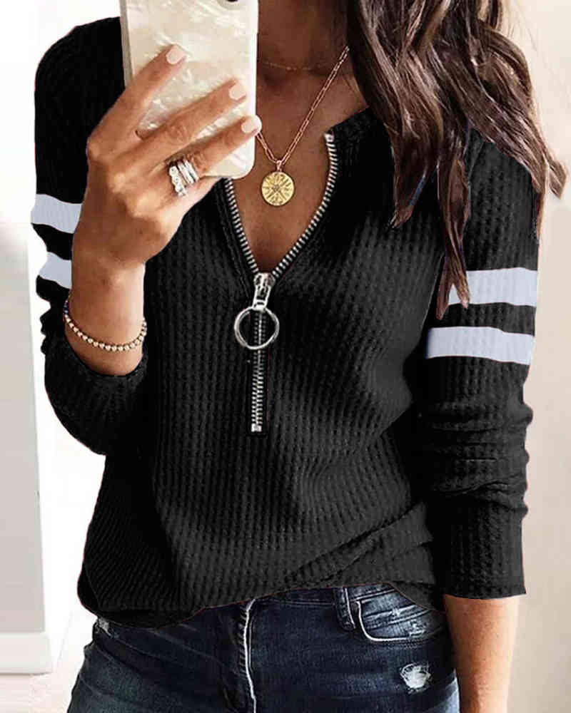Spring Autumn Women Colorblock Zipper Front Top Lady Elegant Plus Size Casual Long Sleeve Blouse Femme Office Lady Tunic 210415