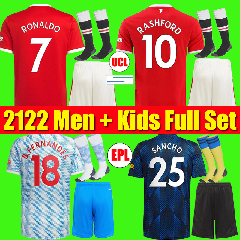 

RONALDO 21 22 SANCHO Manchester RASHFORD soccer jerseys 2021 2022 POGBA VARANE MARTIAL SHAW VAN DE BEEK B. FERNANDES GREENWOOD UTD football shirts full set, 21 22 full set third black sock + ucl