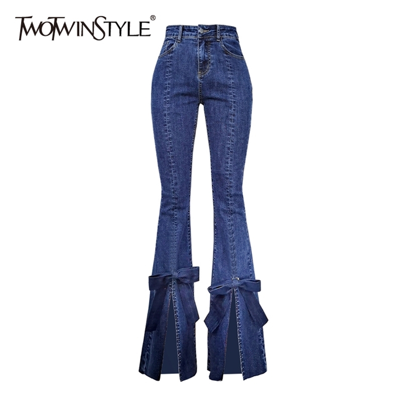 

Casual Patchwork Bowknot Jeans For Women High Waist Bottom Split Slim Denim Pants Female Fashion Clothing 210521, Blue
