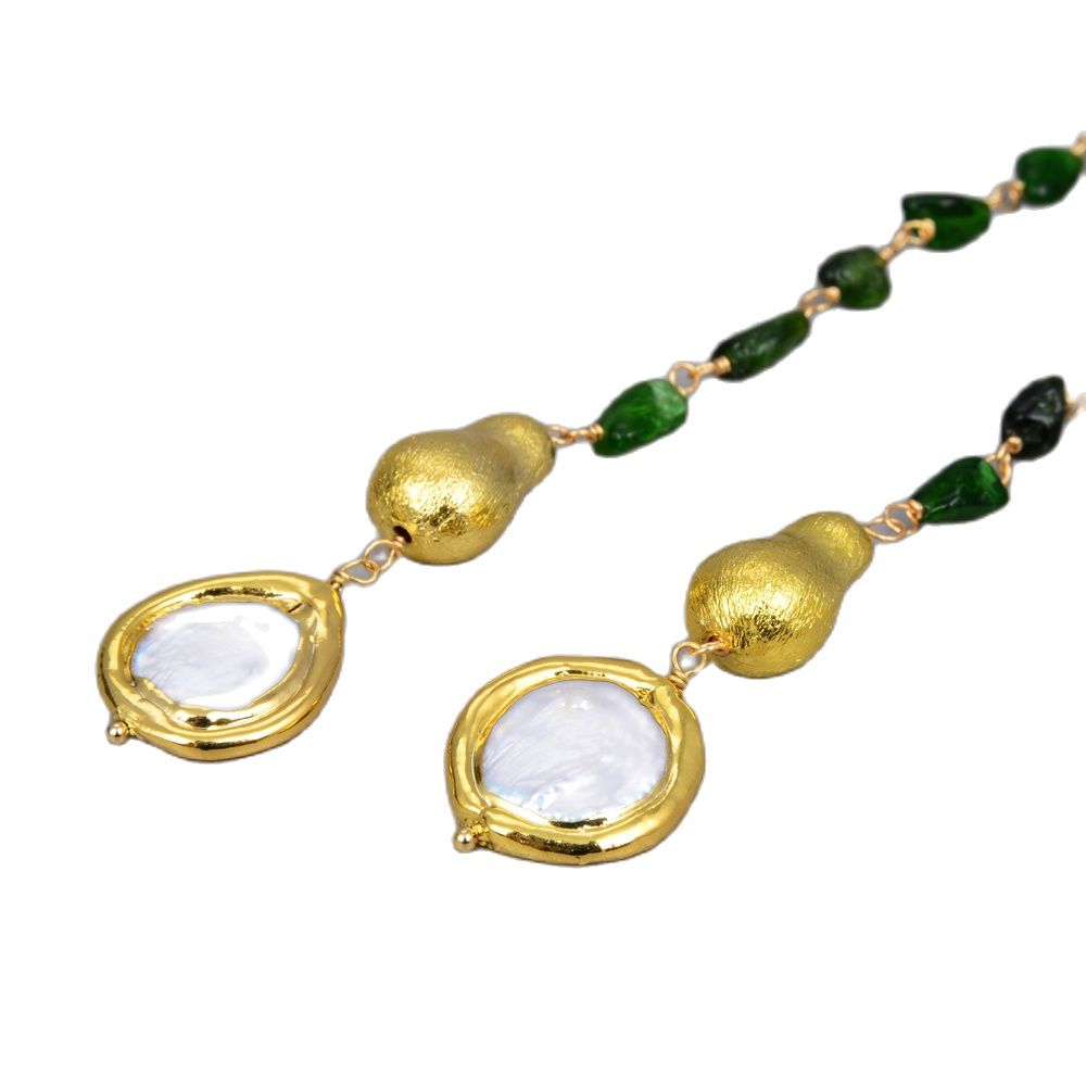 

GuaiGuai Jewelry Natural Green Diopsides Cultured White Coin Pearl Long sweater chain Necklace Handmade For Women Real Gems Stone Lady Fashion Jewellery