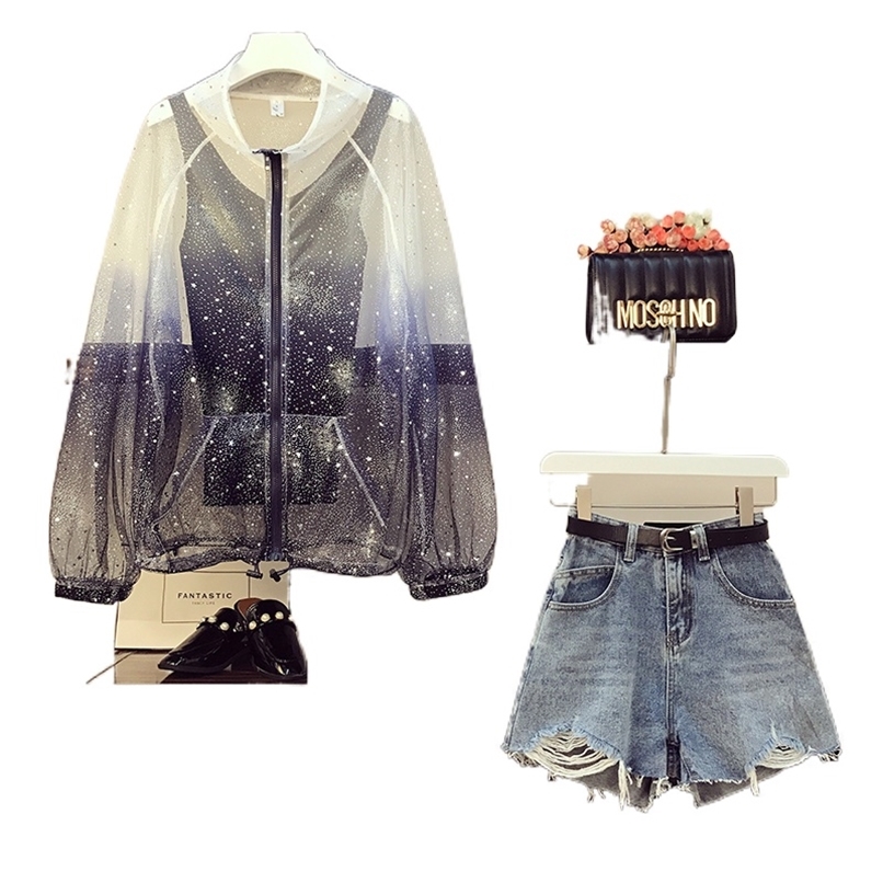 

plus size fashion women's suit fashionable sun protection vest + denim shorts three-piece -4XL 210520, Jeans belt