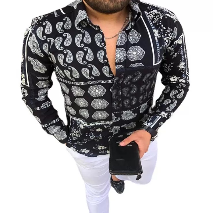 

Plus Sizes 3XL Mens Casual vintage Shirts long Sleeve fall autumn Skinny Fit Pattern Paisley Print Man Clothes Cardigan Blouse, White;black