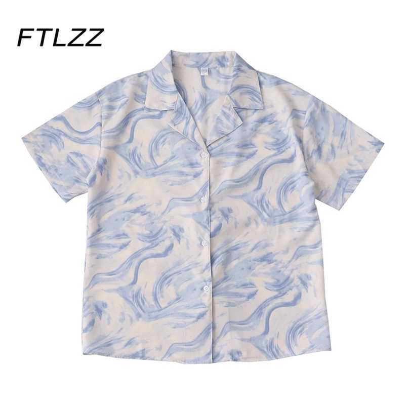 

Women Loose Blouse Fashion Summer Korean Vintage Oil Painting Printing Tops Woman Streetwear Button Shirts 210525, Gray