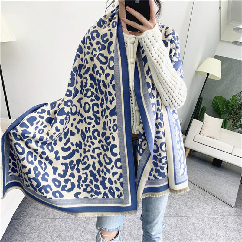 

Scarves Designer Women's Autumn Winter Thick Leopard Female Scarf Warm Knitted Women Luxury Cashmere Shawls Fashion Accessories, Blue;gray