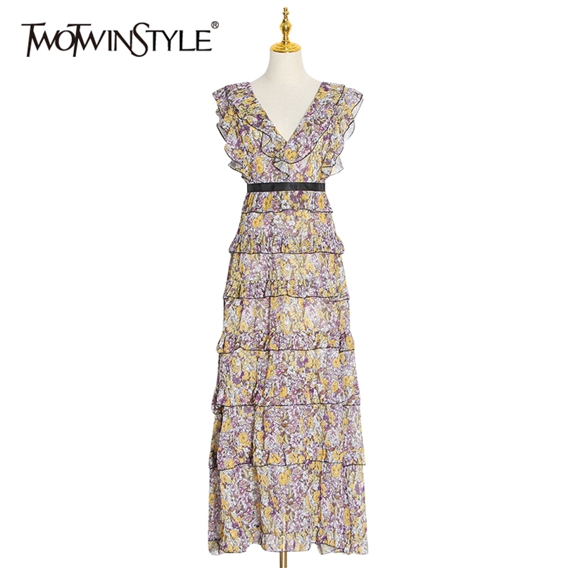 

Vintage Print Ruffle Women Dress V Neck Tank Sleeveless High Waist Lace Up Maxi Dresses Female Clothes Fashion 210520, As picture