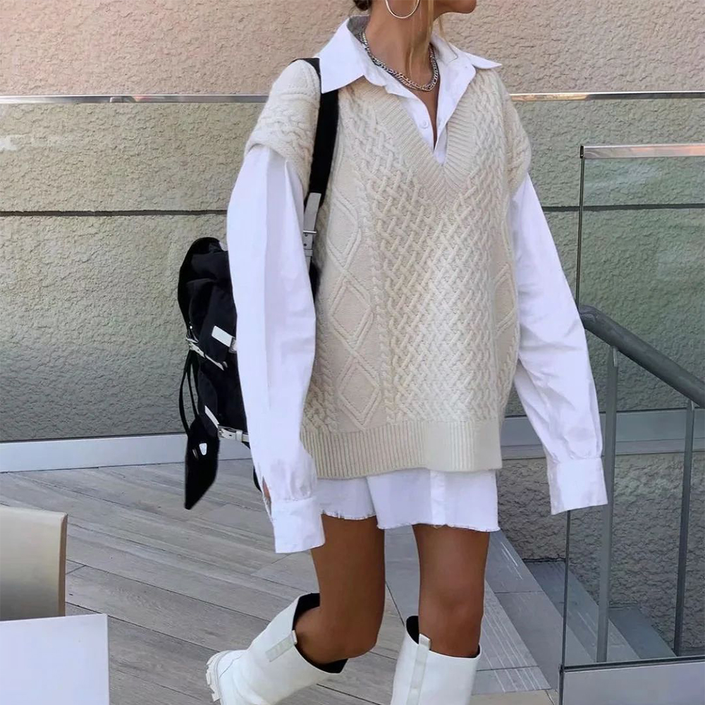 

2021 new spring winter women cable-knit sweater vest oversized v-neck woman sweaters casual fashion elegant lady pullover, Black