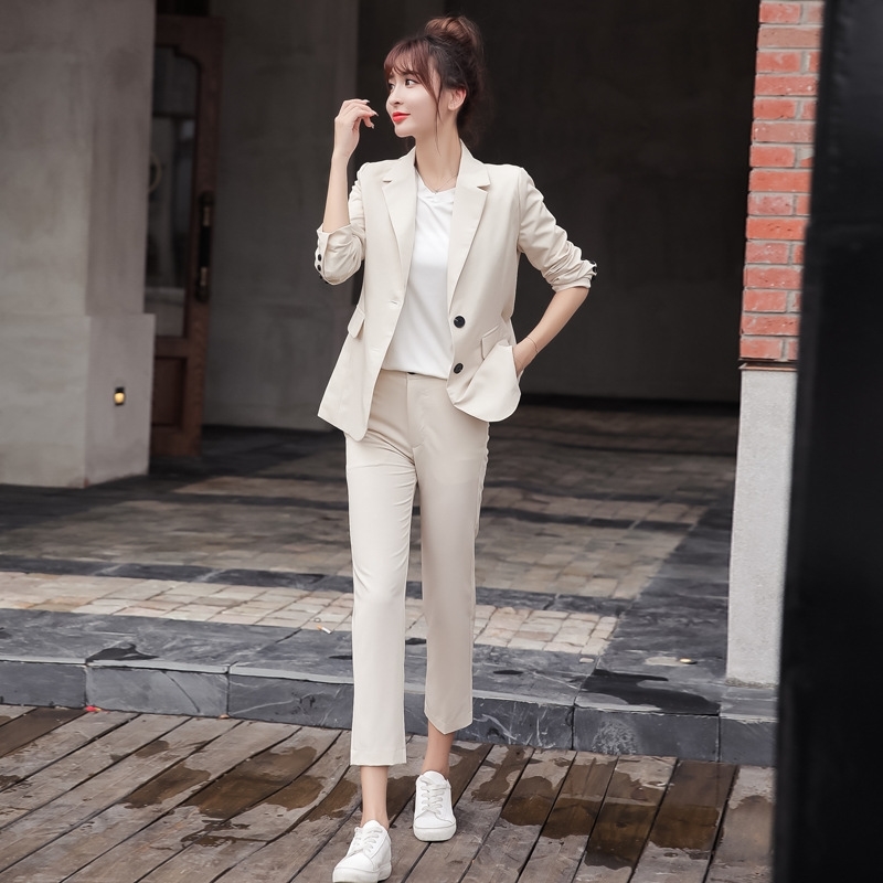 

Autumn Fashion Women's Suit Pants Set Temperament Slim Long Sleeve Jacket Small Blazer Female office suit two-piece 210527, Milky