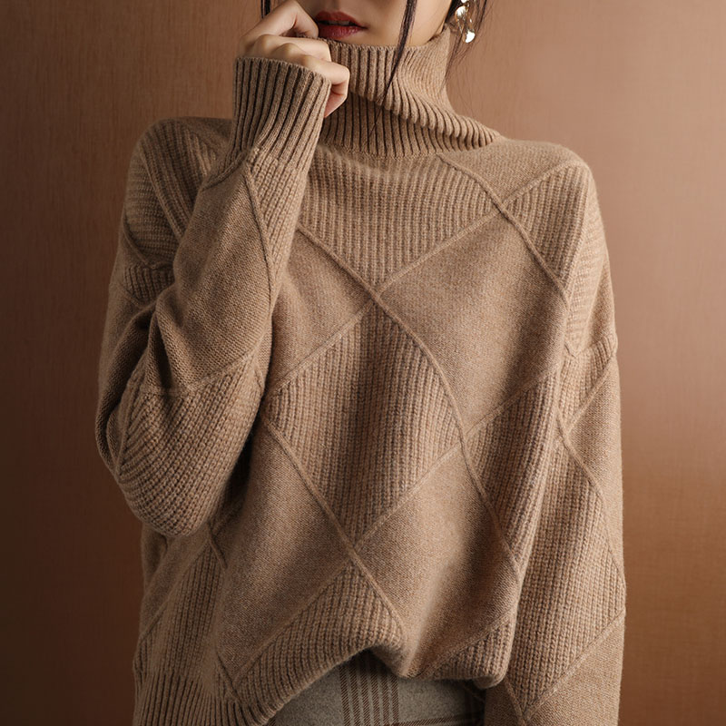 

2021 Autumn and Winter New Womens Pullover Sweater Thickened Warmth Fashion Large Size Knitted Wool Sweater High Collar, Dark camel