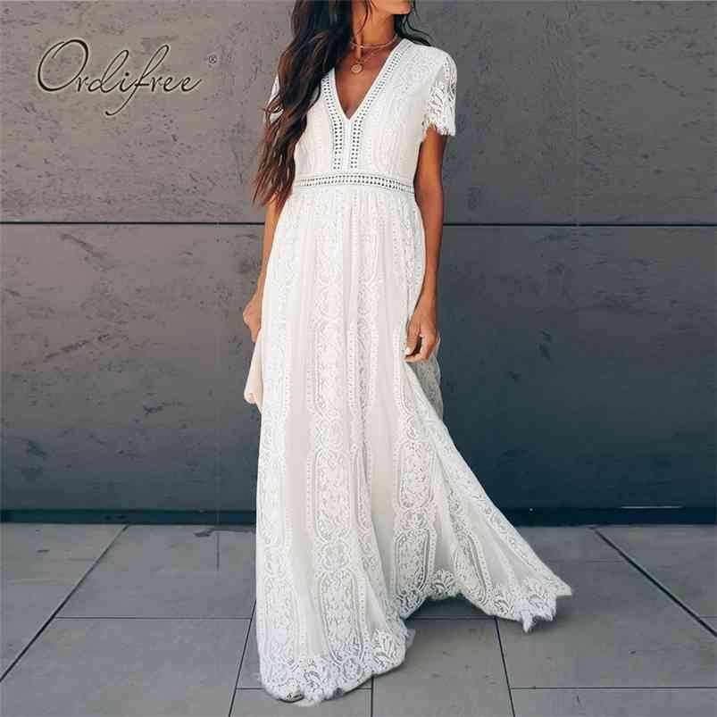 

Ordifree Summer Vintage Women Maxi Party Dress Short Sleeve White Lace Long Tunic Beach Vocation Holiday Clothes 210701