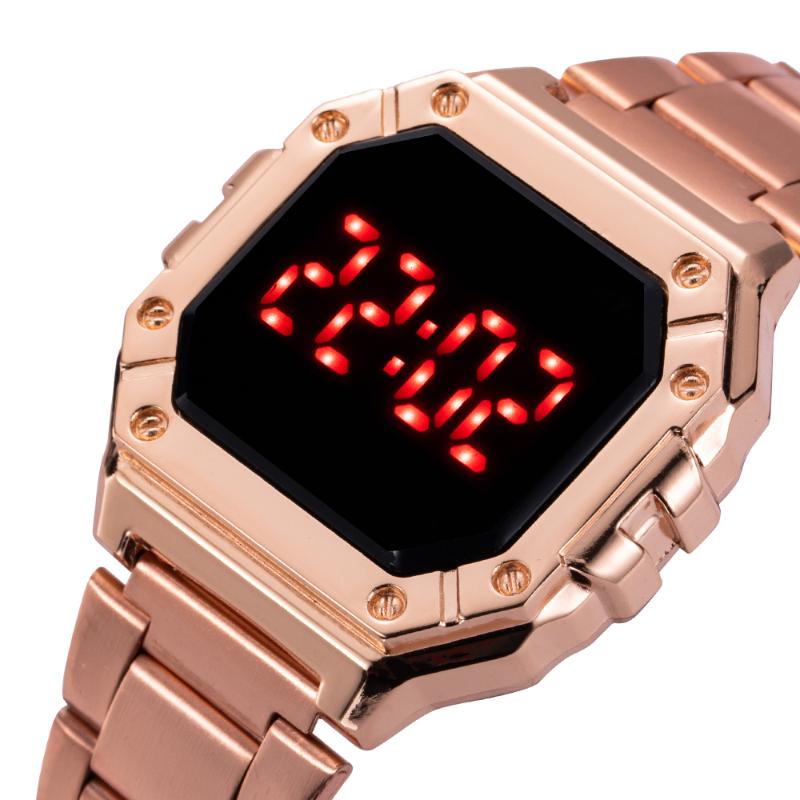 

Wristwatches Digital Watch Women Men Unisex Luxury Stainless Steel Strap Wrist Watches Womens Alloy Dial Women's Electronic Clock Reloj Muje, Gold