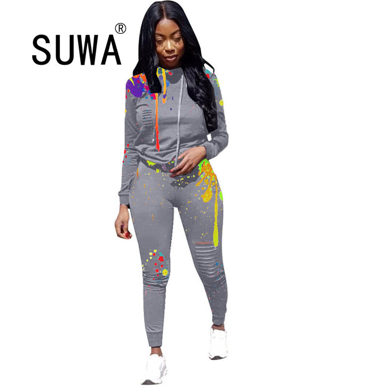 

Women Sweatshirt and Sweatpants Sets Patchwork Fashion Tracksuit Casual Long Sleeve Pullover Trousers Autumn Sportwear For 210525, Army green