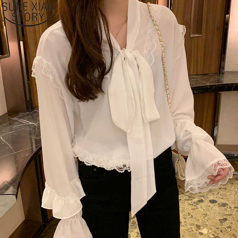 

Summer Elegant Lace Up Bow Collar Solid Blouse Women Lace Patchwork Flare Long Sleeve Loose Blusas Shirt Autumn 14697 210527, White