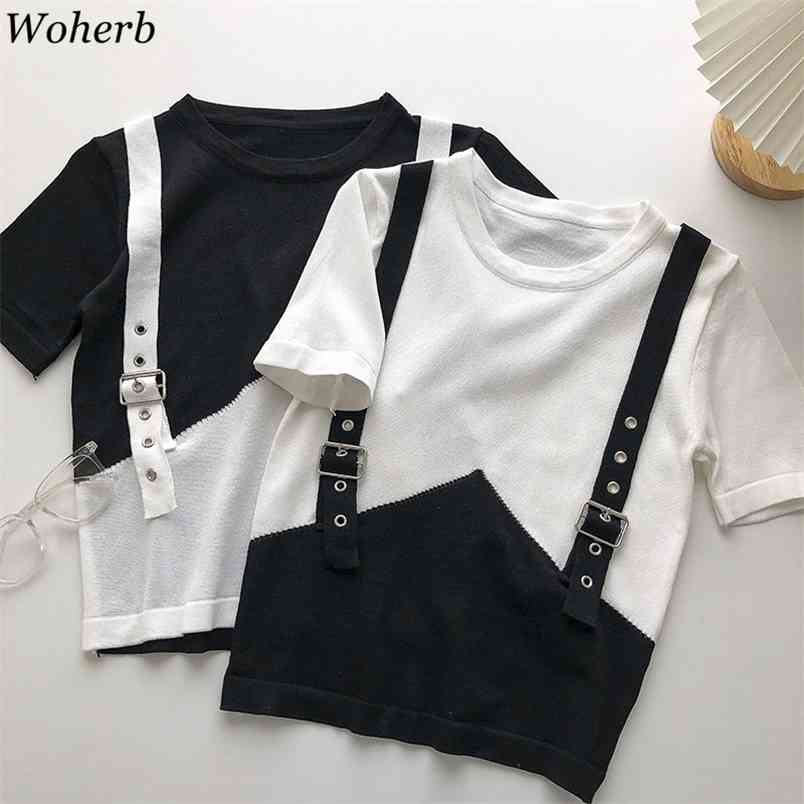 

Knit Shirt for Women's Summer Korean Patchwork Fake Two-piece Tshirt Slim Contrast Color Pullover Tees Fashion Tops 210519, White