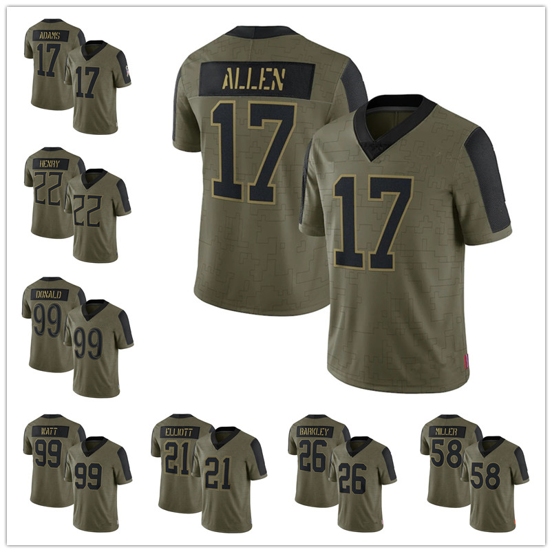 

17 Josh Allen 22 Derrick Henry 99 Aaron Donald 99 J.J. Watt 21 Ezekiel Elliott 26 Saquon Barkley 58 Von Miller 17 Davante Adams 2021 Salute To Service Football Jerseys, Color