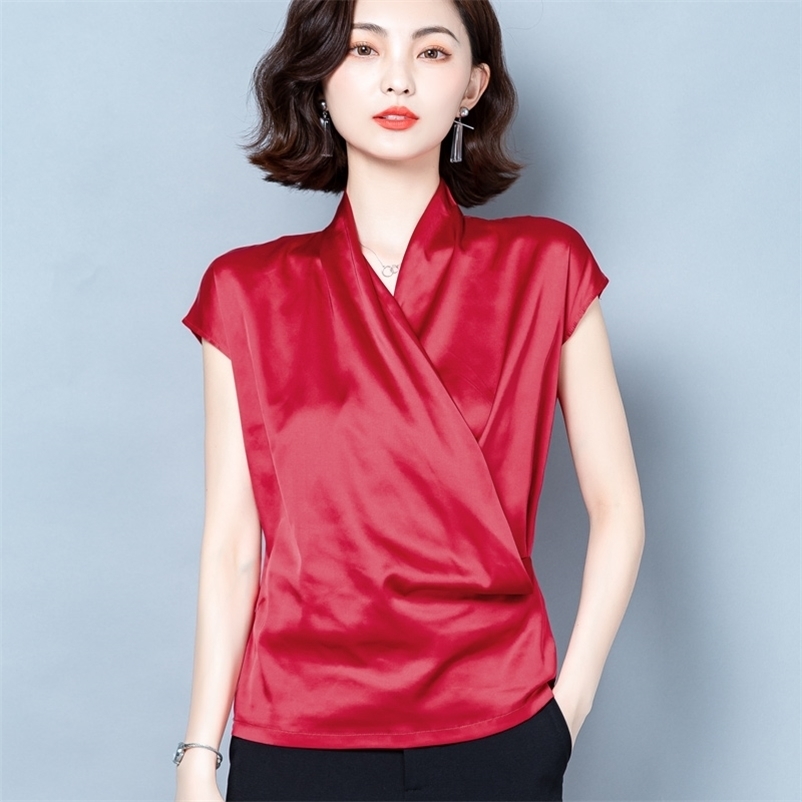 

Korean Silk Women Blouses Top Woman Elastic Satin Blouse V-neck Shirt Plus Size Blusas Mujer De Moda 4XL 210604, Black