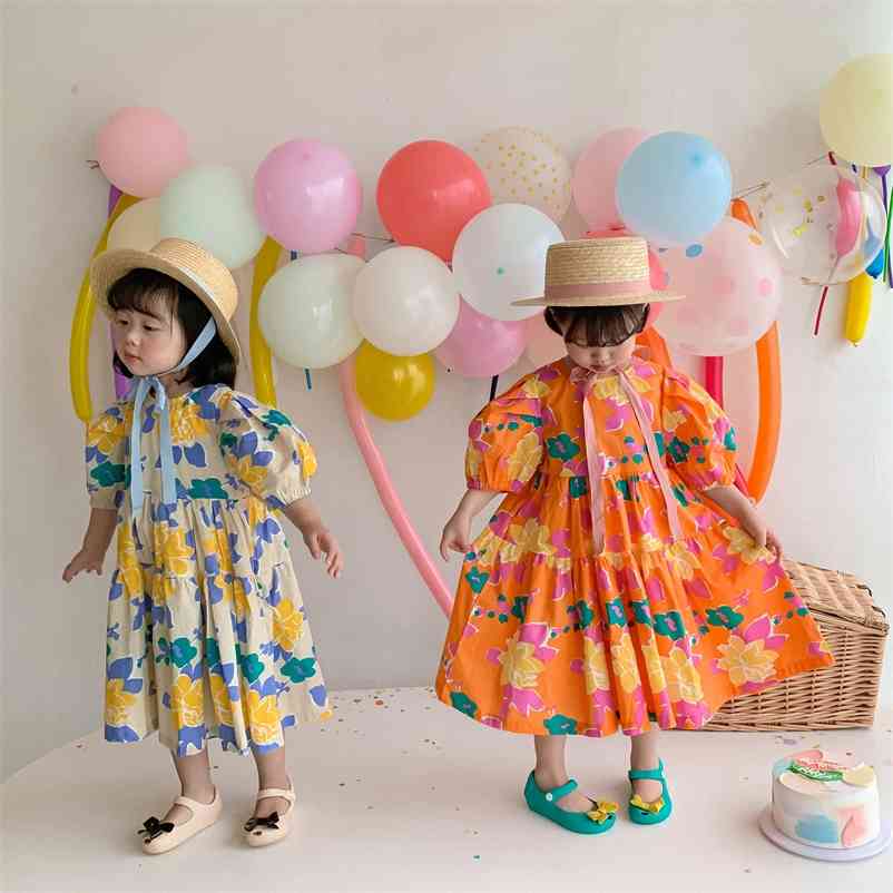 

Korean Style Summer Floral Short Sleeve Dress Baby Girls Cotton Loose Casual Princess Dresses 210615, Apricot