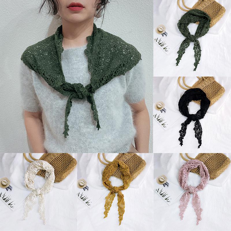 

Scarves Womens Crochet Embroidered Floral Lace Triangle Neck Scarf Solid Color Bandana Kerchief Hair Tie Vintage Wrist Ribbon 2021