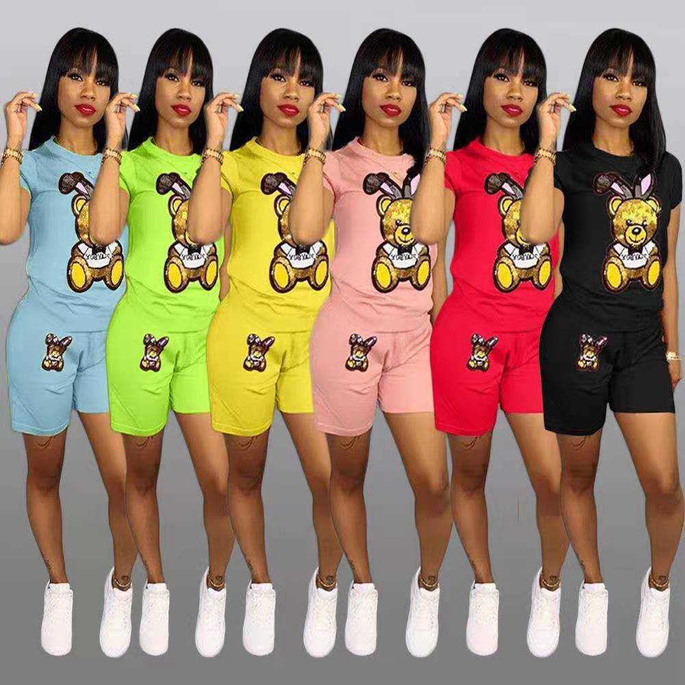 

Plus Size Women Clothing Sports Tracksuits Fashion Sequin Cartoon Short Sleeve Shorts Two Pieces Set, Yellow