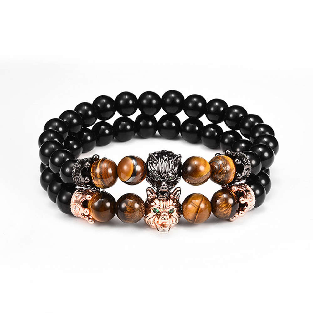 

,bracelet Handmade natural stone bracelet black agate tiger copper micro inlaid crown wolf head Bracelet, Golden;silver