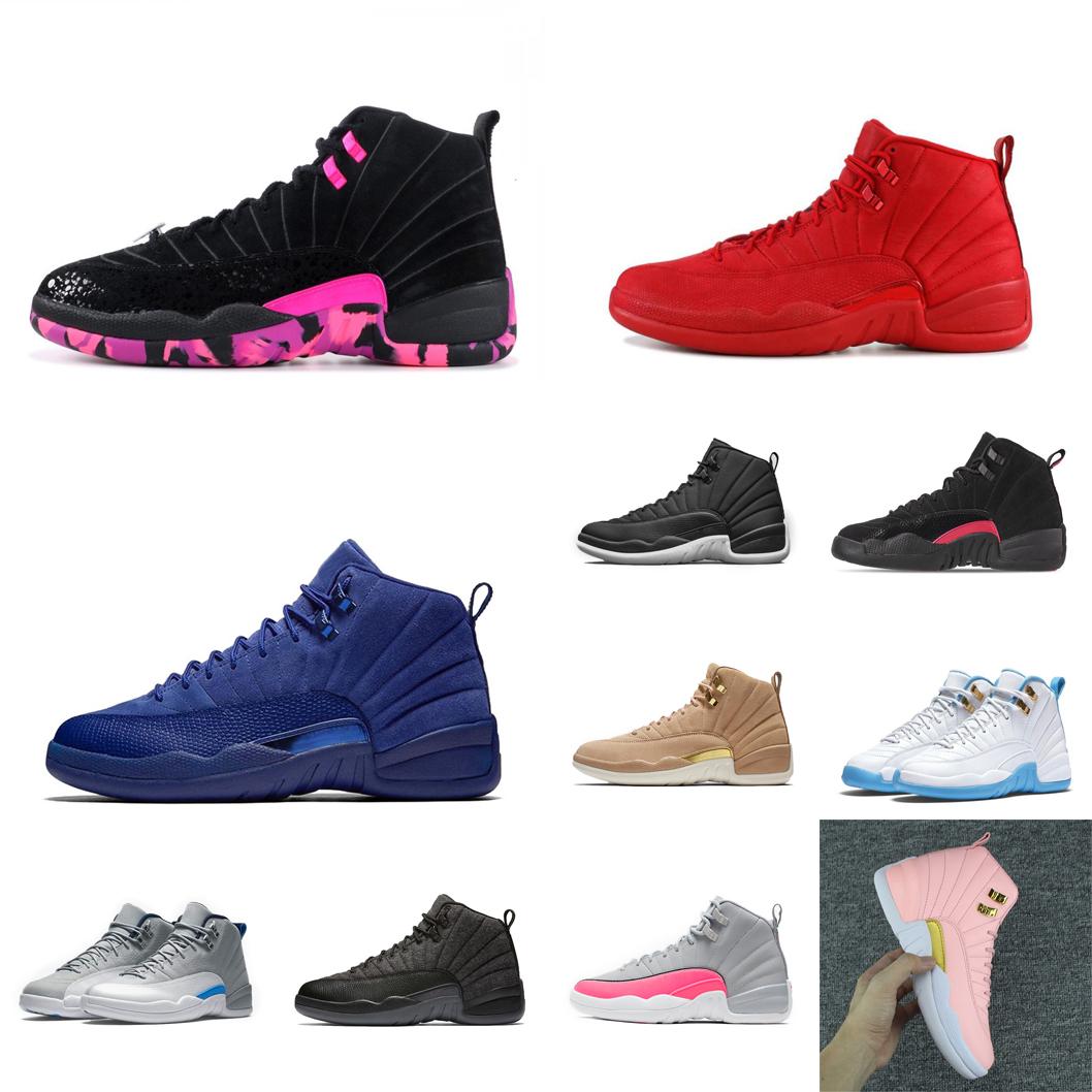 

Retro womens jumpman 12s basketball shoes kids 12 xii sneakers Doernbecher Hyper Pink Black Blue Suede Red Grey lebron 19 tennis with box, Unc