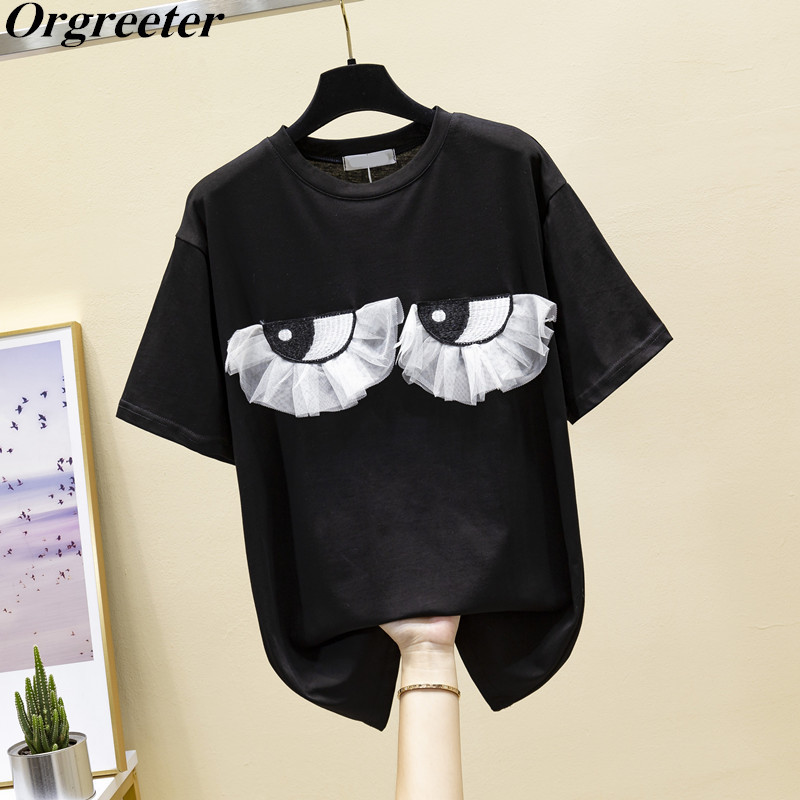

Runway Design Women's Tshirt Summer O-neck Short Sleeve Cartoon eye embroidery Mesh Appliques Loose Tees Casual Women'Tops 210525, Black