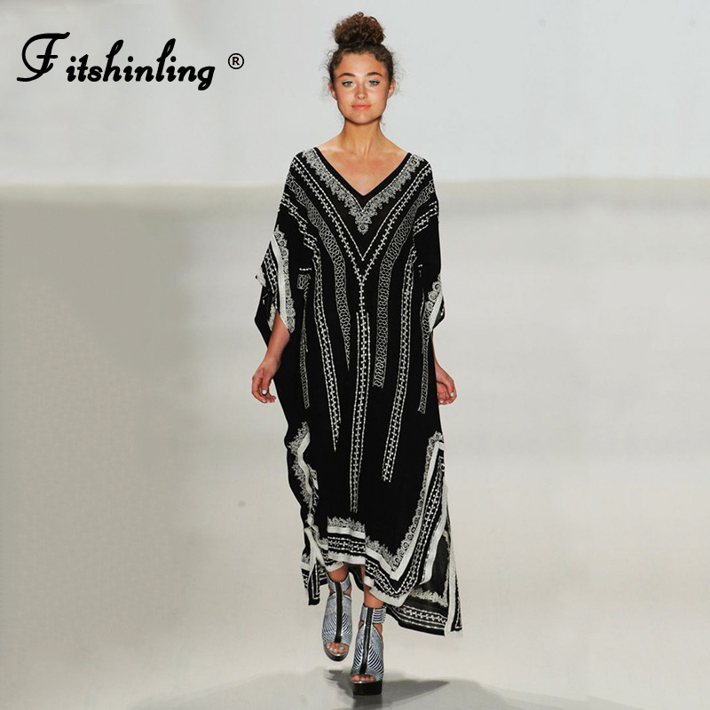 

Fitshinling Vintage Summer Long Dress 2021 New Oversized Beach Cover Up Print Loose Straight Holiday Kaftan Bohemian Pareo Sale