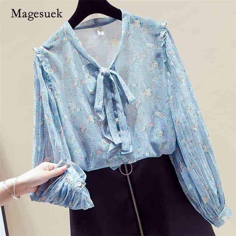 

Ruffled Lace-up Chiffon Shirt Floral Blouse Women' Long Sleeve Korean Style Sweet V-neck Elegant Blusas 11146 210518, Pink