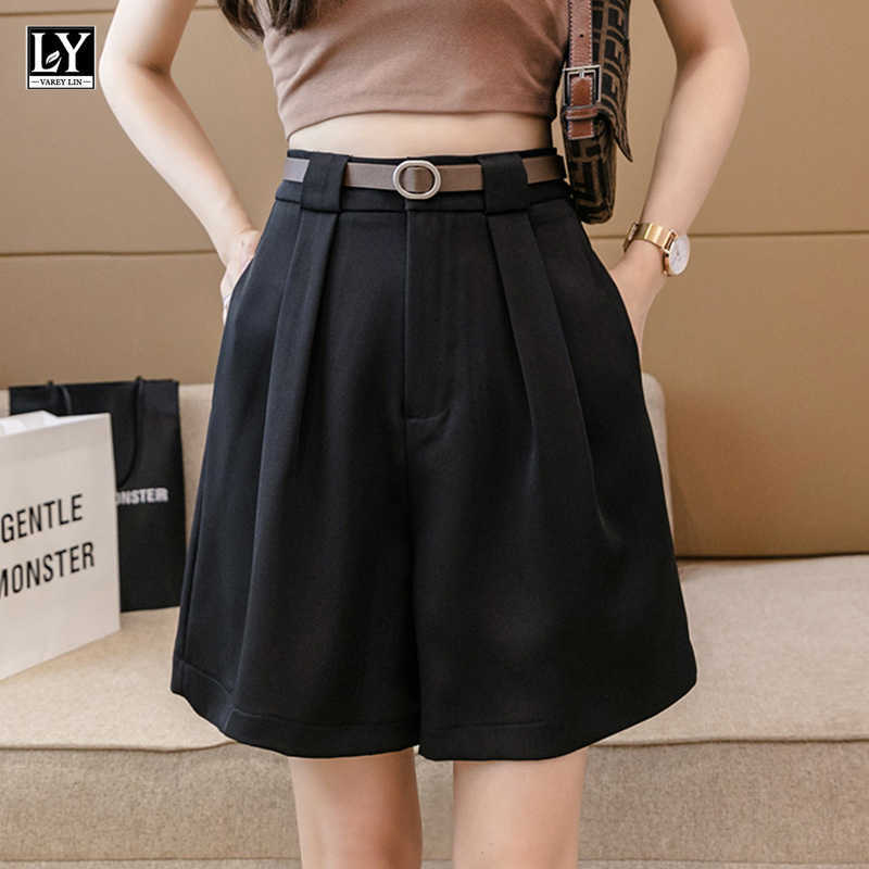 

LY VAREY LIN Summer Women Loose Black Ladies Shorts Casual Female High Waist Wide Leg Straight with Belt 210526