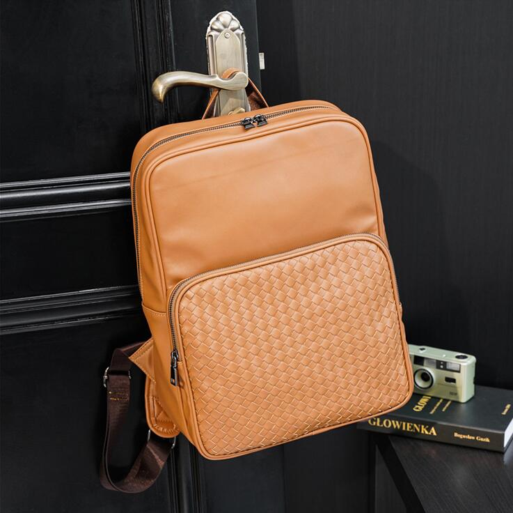 

Factory wholesale men brand shoulder bag outdoor simple casual leather backpacks college wind woven fashion backpack street trend solid color mens handbag, Black
