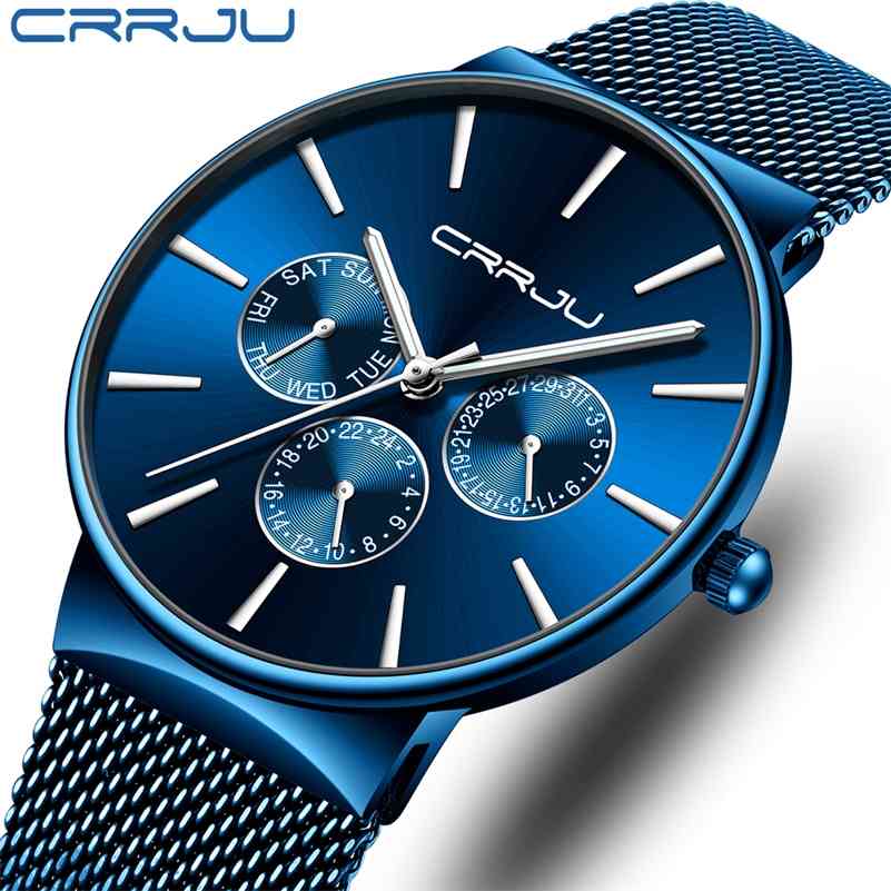 

CRRJU Mens Watches Ultra Thin Stylish Fashion WristWatch for Men Full Steel Mesh Belt Casual Quartz Clock Relogio Masculino 210517, Silver blue
