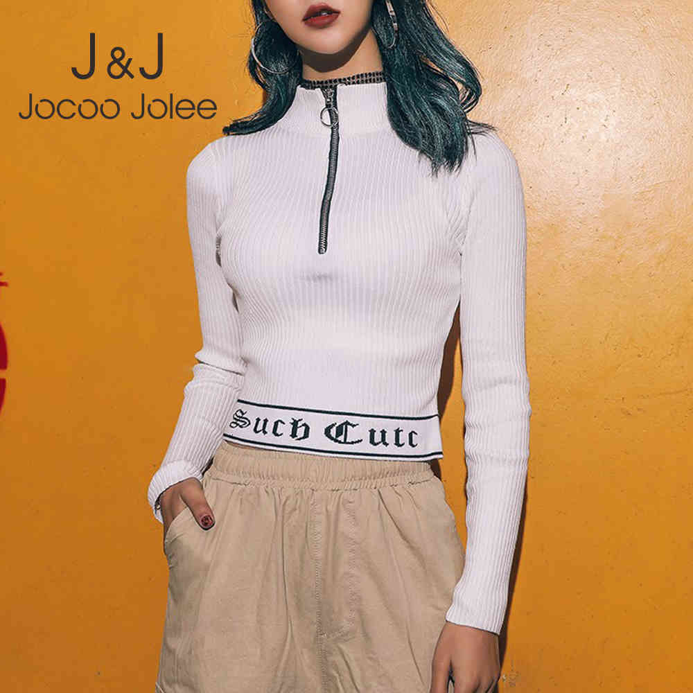 

Women Fashion Zipper Cropped Knitted Tops Fall Long Sleeve Zipper Turtleneck Sweater Harajuku Pullover Streetwear 210518, Black