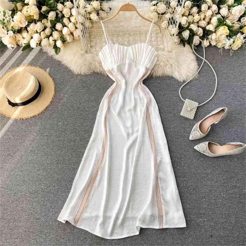 

Summer Women Long Dress Elegant French Style Pleated Strapless Lace Splicing Slim Backless Evening Party Maxi 210603, White