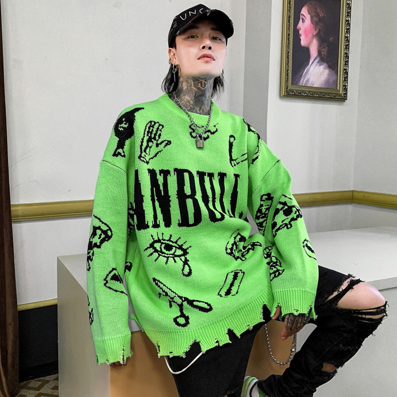 

green pattern sweaters washed destroyed ripped sweater men hole knit jumpers men women oversized sweater harajuku, Black