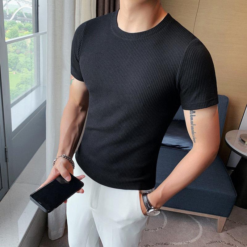 

Men's T-Shirts Summer Fashion Simple Tshirt For Men Knitted Striped O-Neck Slim Solid Color Bottoming Shirt Casual Social Short-sleeved T-sh, Black