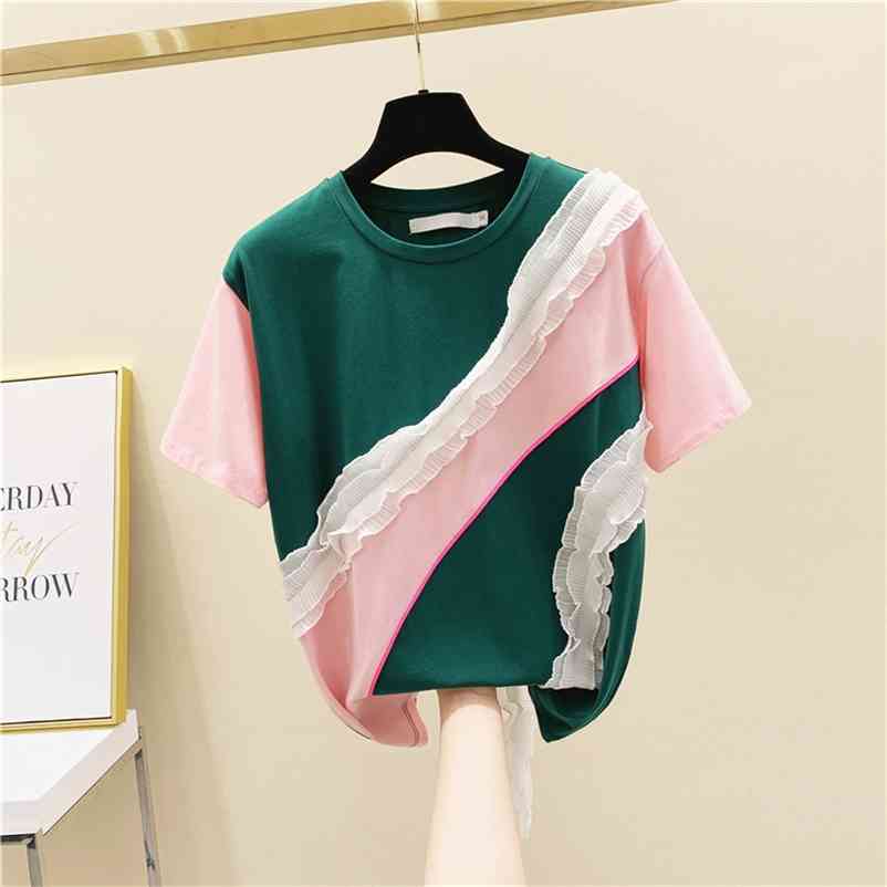 

Ruffled T Shirts Women Short-Sleeved Cotton Wild Casual Fashion Ladies Summer Korean-Style Clothing 210615, Green