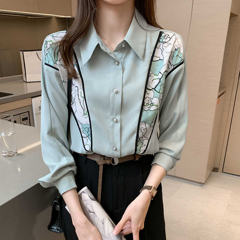 

Korea Womens Shirts Chiffon Long Sleeve Shirt Polo-Neck Blouse Spliced Ladies Tops White Office Lady Woman 210604, Green