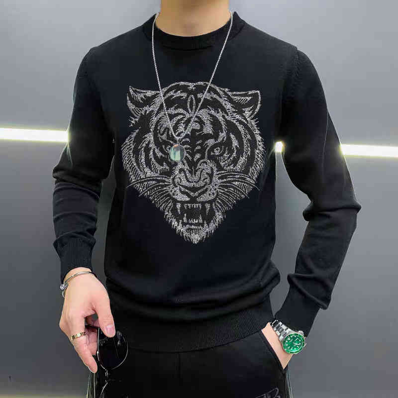 

men's long sved casual knitted round neck sweater, luxury brand, tiger star, -5xl black and white, White;black