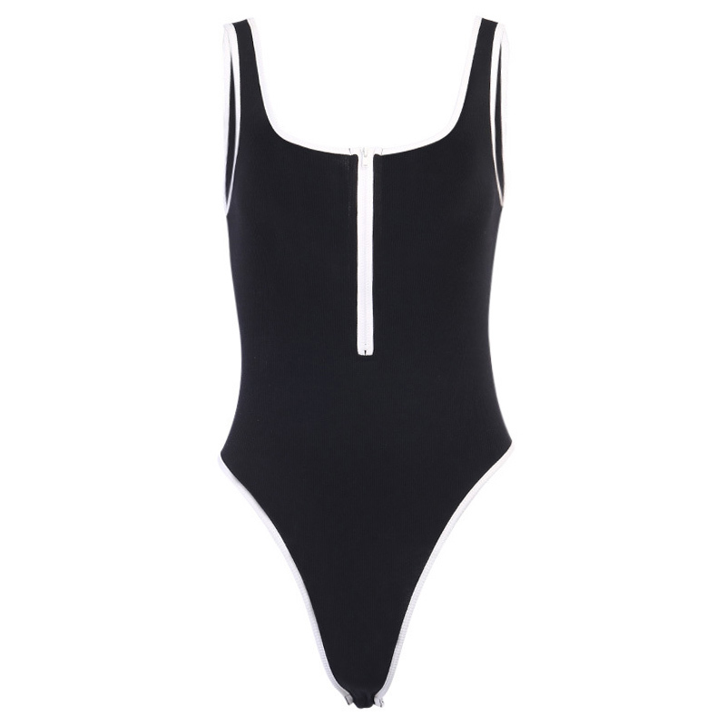 

Paris Girl Summer Fashion Tight Sleeveless Sexy Zipper Strap Patchwork Bodysuits For Women 210524, Black