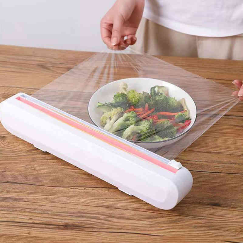 Food Plastic Wrap Dispenser Cutter Kitchen Tool Foil Cling Film Wrap Dispenser Plastic Sharp Cutter Storage Holder Kitchen Tool-image-694047930