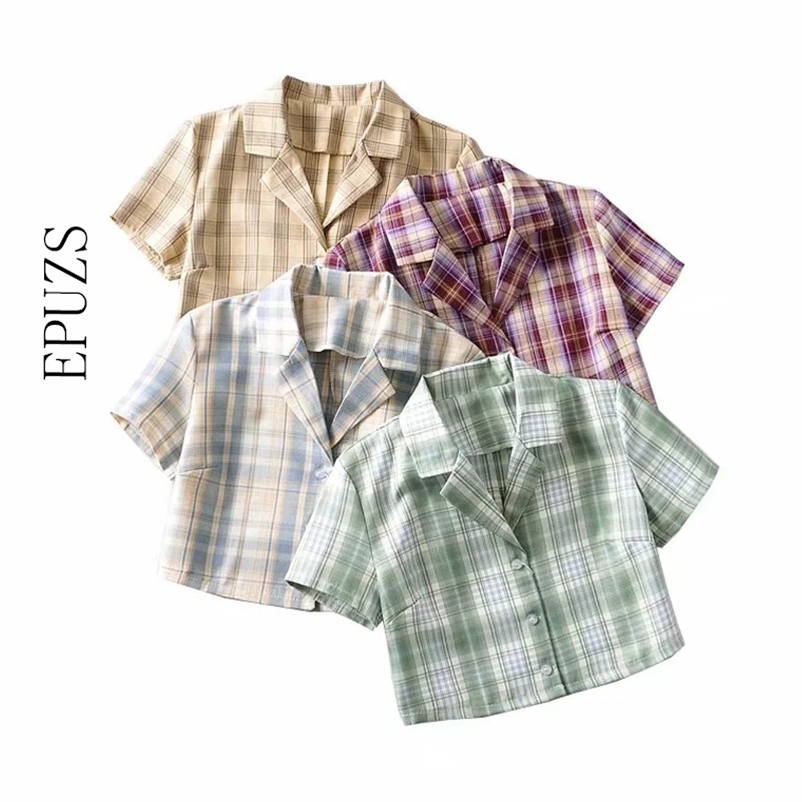 

Vintage green yellow plaid shirts women sexy crop top summer blouse Casual short sleeve shirt Street womens tops and blouses 210521, Burgundy