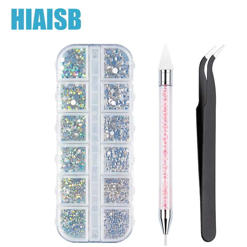 

Glass AB Nail Art Rhinestones Decorations Stones Supplies Clear Crystal Rhinestones with Pick Up Tweezer Picker Dotting Pen