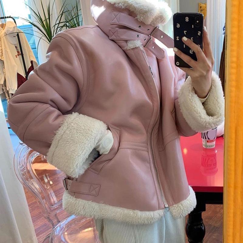 

Women's Leather & Faux Korean Chic Temperament High Neck Contrast Color Stitching Loose Thickened Warm Fur Integrated Motorcycle Jacket, Green