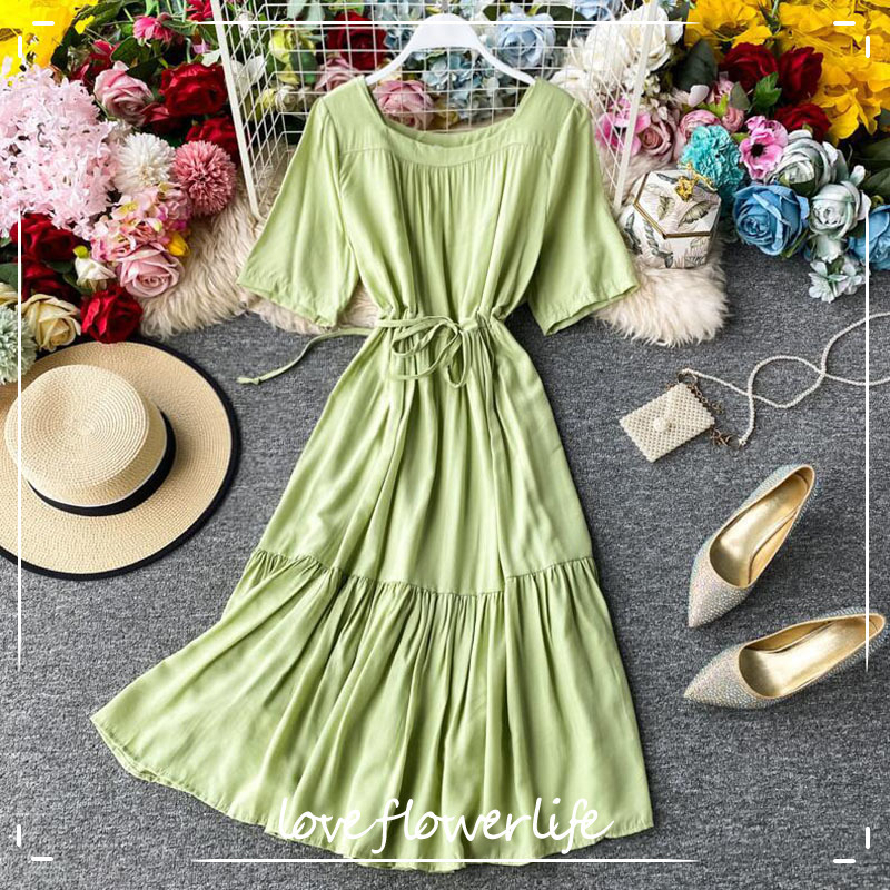 

Solid color O-neck Summer Dress Short Sleeve Elastic Waist A-line Ruffles Women Dress Casual Knee-length Vestido femme 210521, White