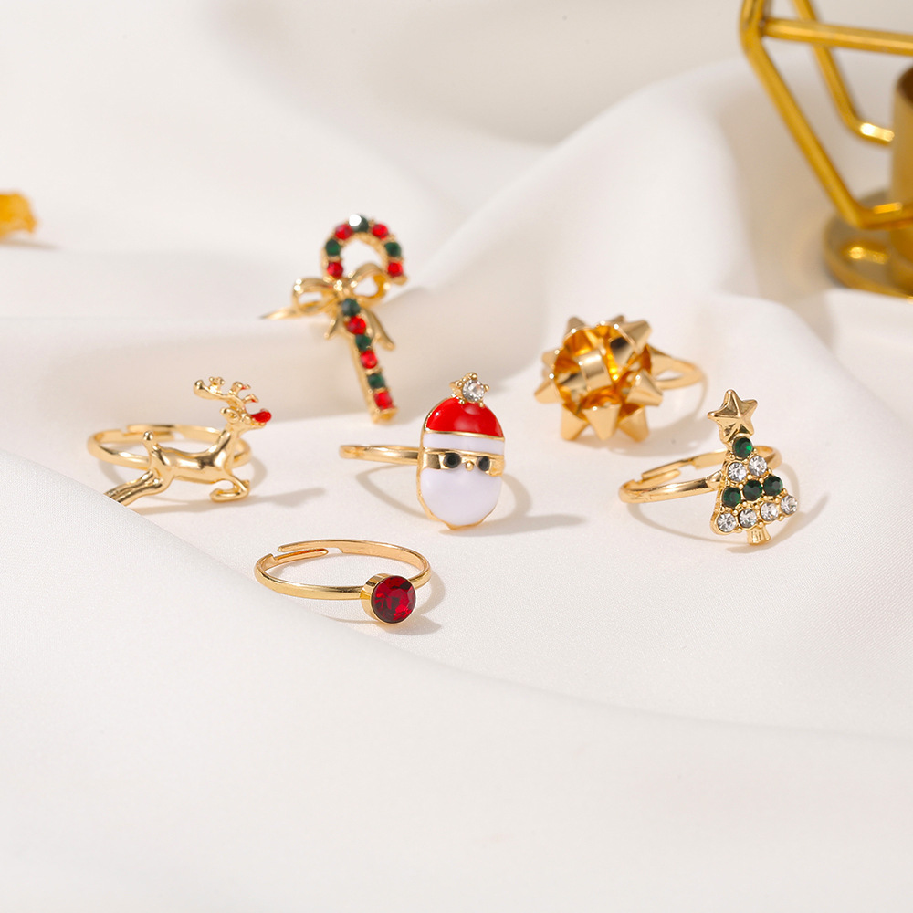 

Christmas Gifts Accessories Wholesale Jewelry Cute Cartoon Jewelry Elk Christmas Tree Ring 6-piece Set Oil Drop Opening Adjustable Ring Hand Ornaments