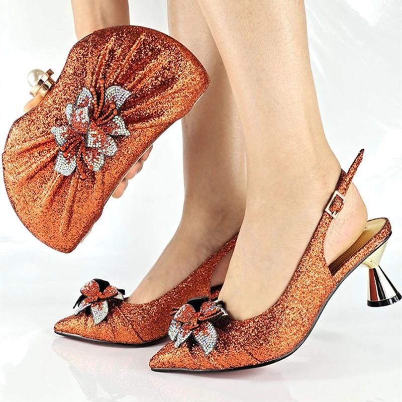 

Orange Color Nigerian Design Shoes And Bags To Match Set Italian Women Wedding Sets With Shinning Crystal Dress, Black