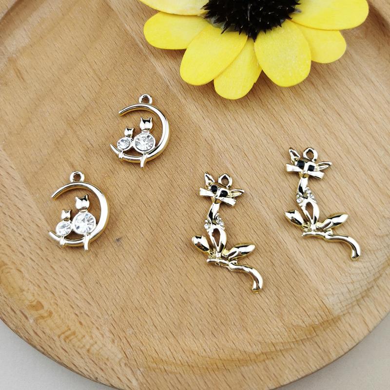 

Charms 10pcs Kawaii Rhinestone Cats Metal Shinny Moon Cat Pendant Fit Earring Bracelet DIY Jewelry Accessory Golden Base Finding, Bronze;silver